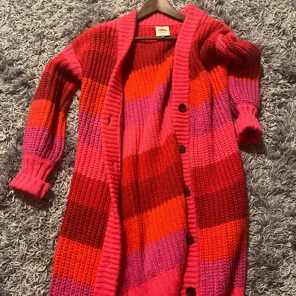 FARM Rio Pink, Red & Orange Striped Chunky Button Cardigan - Picture 1 of 3